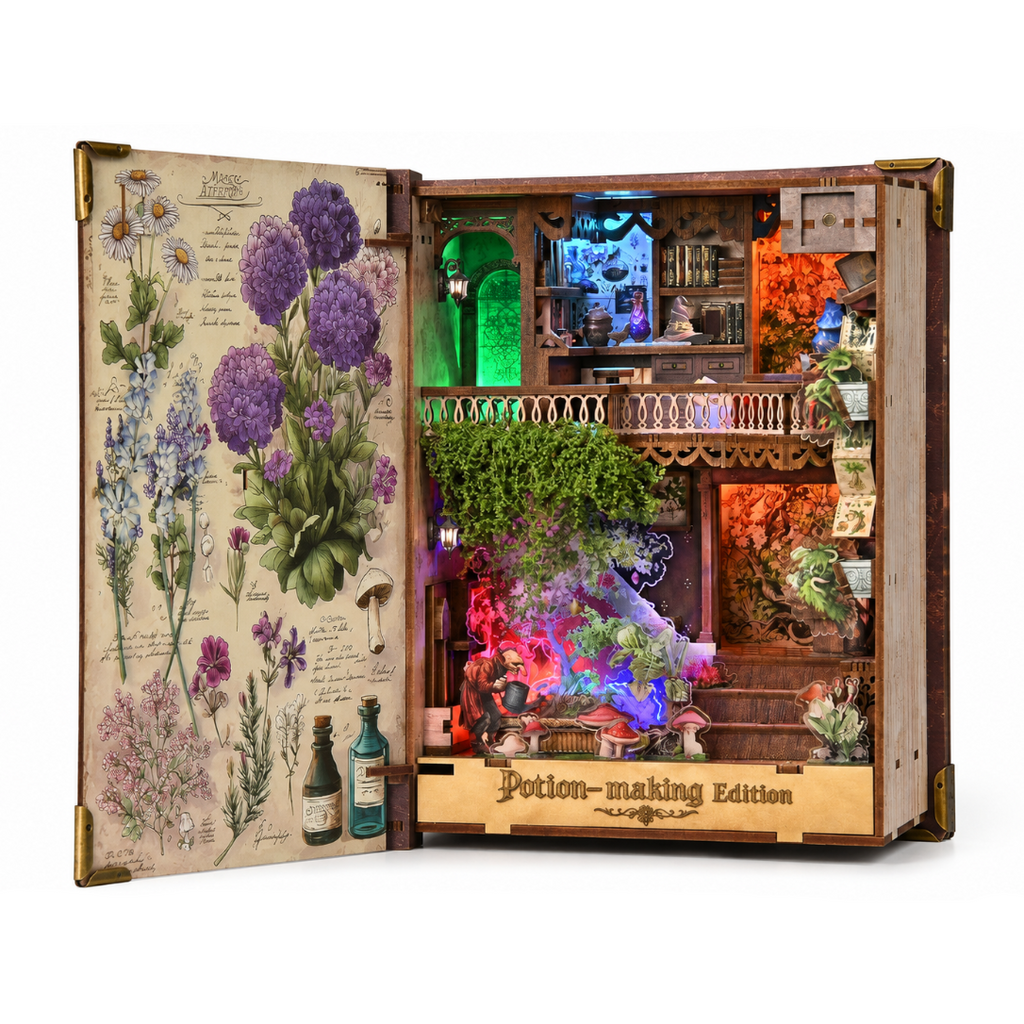 Minicity Potion Making Edition DIY book nook kit with magical apothecary interior, botanical illustrations, potion bottles and colourful LED lighting