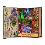 Minicity Potion Making Edition DIY book nook kit with magical apothecary interior, botanical illustrations, potion bottles and colourful LED lighting