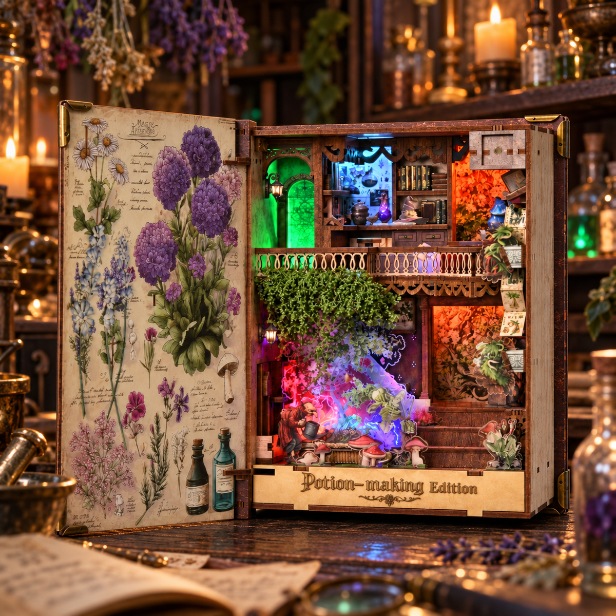 Minicity Potion Making Edition magical apothecary book nook displayed with potion bottles, plants, candles and warm fantasy lighting