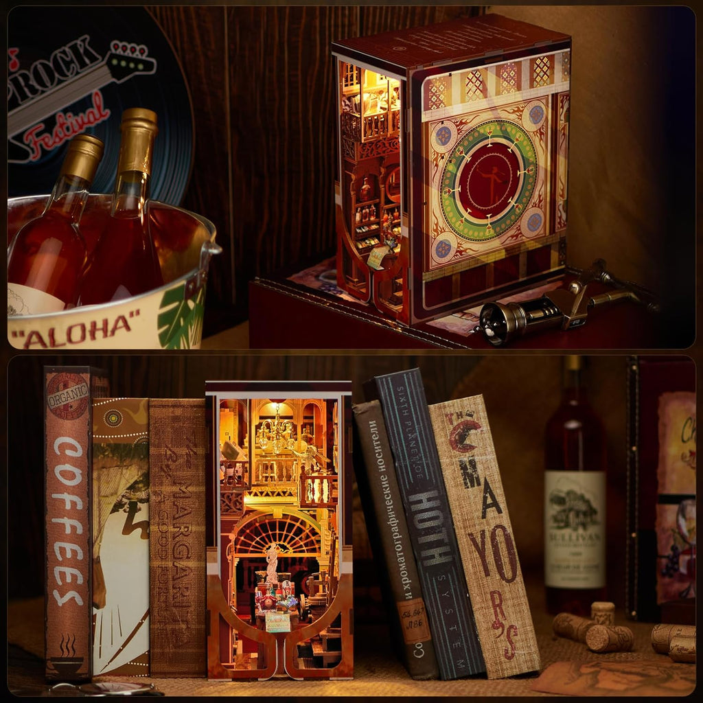 Minicity Roaring Twenties Speakeasy illuminated miniature tavern displayed between vintage books as a decorative bookshelf insert