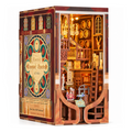 Minicity Roaring Twenties Speakeasy DIY book nook kit featuring a vintage 1920s tavern with ornate stained glass panels, wooden barrels, a staircase and warm LED lighting