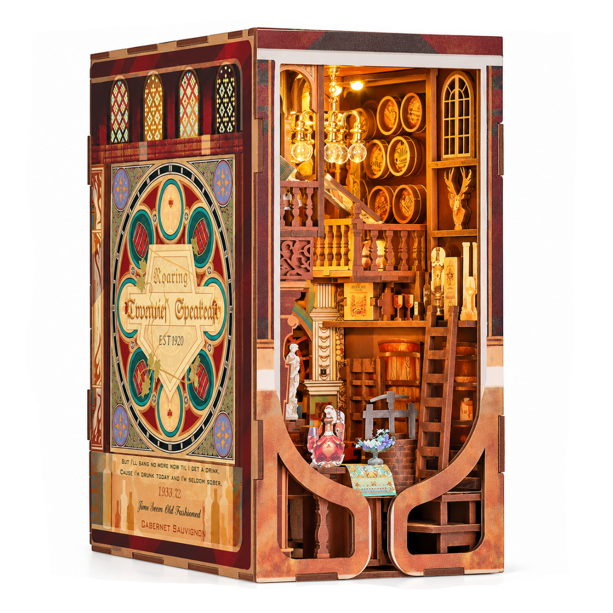 Minicity Roaring Twenties Speakeasy DIY book nook kit featuring a vintage 1920s tavern with ornate stained glass panels, wooden barrels, a staircase and warm LED lighting