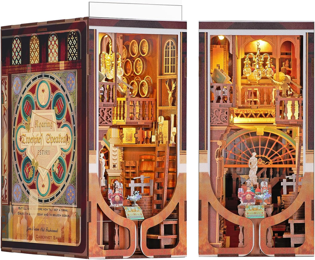 Minicity Roaring Twenties Speakeasy miniature book nook showing its detailed tavern interior, wooden balconies, wine barrels, decorative bottles and ornate front panel