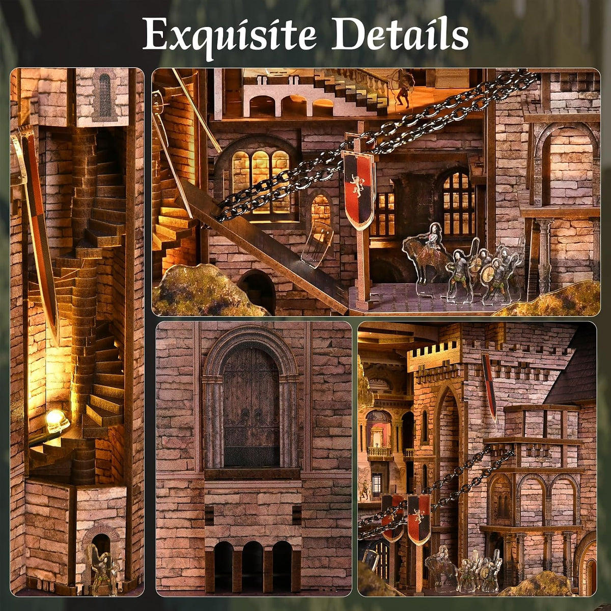 Close-up of the Robin Hood Castle's Escape book nook showing miniature stone stairs, hanging chains, castle windows and medieval figures