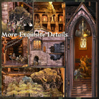 Detailed views of the Minicity Robin Hood MAX book nook featuring woodland scenery, castle balconies, arched entrances and miniature characters