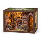 Minicity Robin Hood The Castle's Escape MAX DIY Book Nook Kit featuring an illuminated medieval castle scene with stone walls, chains and woodland details