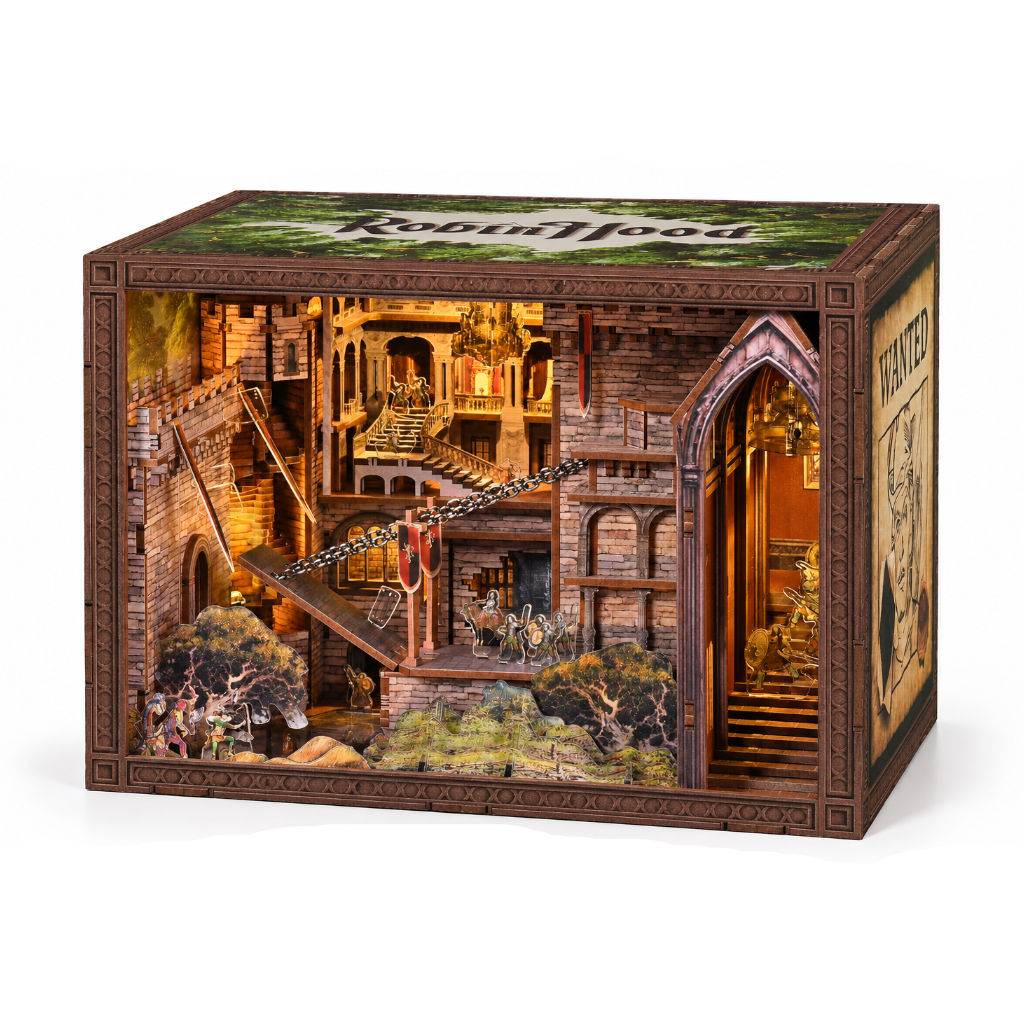 Minicity Robin Hood The Castle's Escape MAX DIY Book Nook Kit featuring an illuminated medieval castle scene with stone walls, chains and woodland details