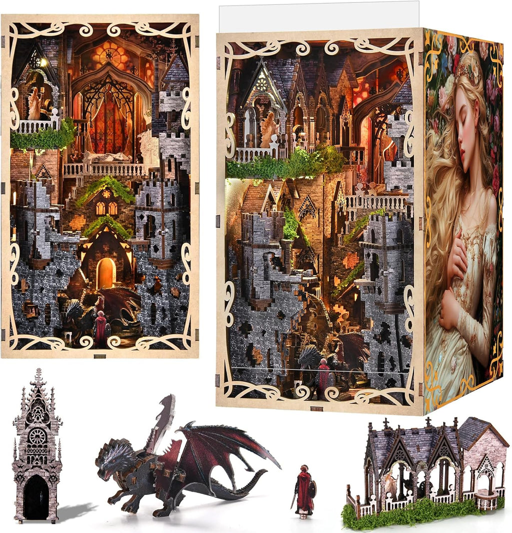 Minicity Sleeping Beauty book nook showing the assembled castle scene with dragon, prince, Gothic towers, stained glass and miniature elements