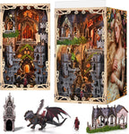 Minicity Sleeping Beauty book nook showing the assembled castle scene with dragon, prince, Gothic towers, stained glass and miniature elements