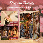 Minicity Sleeping Beauty book nook with 23 x 18 x 13 cm finished size, touch switch, soft LED lighting and detailed castle interior