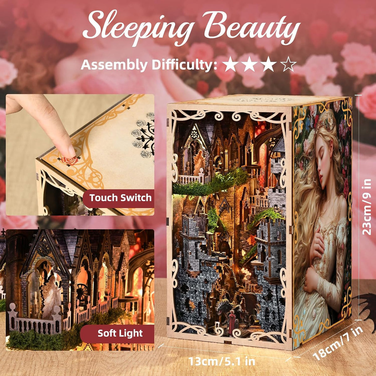 Minicity Sleeping Beauty book nook with 23 x 18 x 13 cm finished size, touch switch, soft LED lighting and detailed castle interior