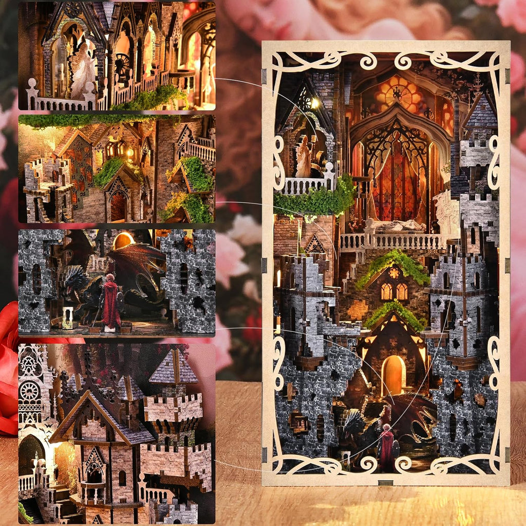 Minicity Sleeping Beauty book nook with detailed Gothic castle towers, dragon and prince figures, stained glass and illuminated pathways