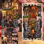 Minicity Sleeping Beauty book nook with detailed Gothic castle towers, dragon and prince figures, stained glass and illuminated pathways