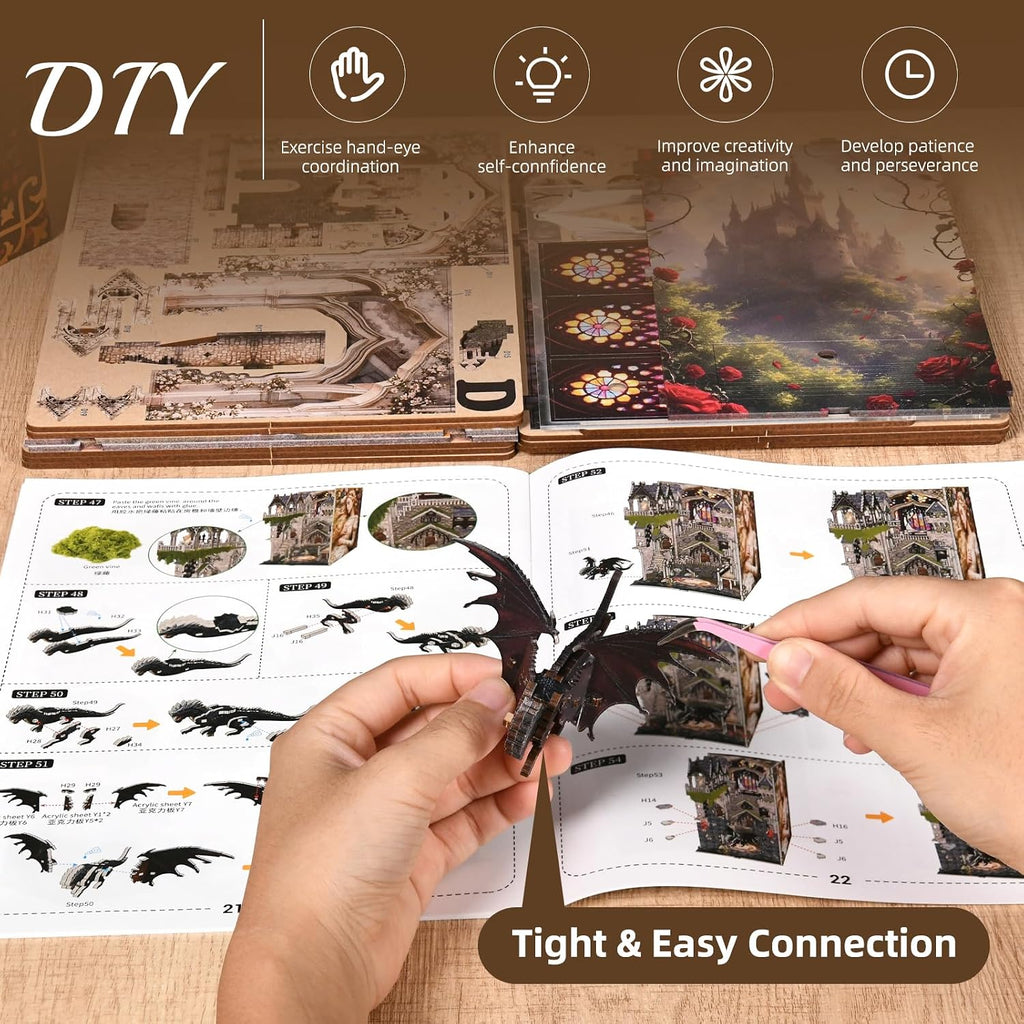 Building the Minicity Sleeping Beauty DIY book nook with precision-cut pieces, dragon components, assembly instructions and tools