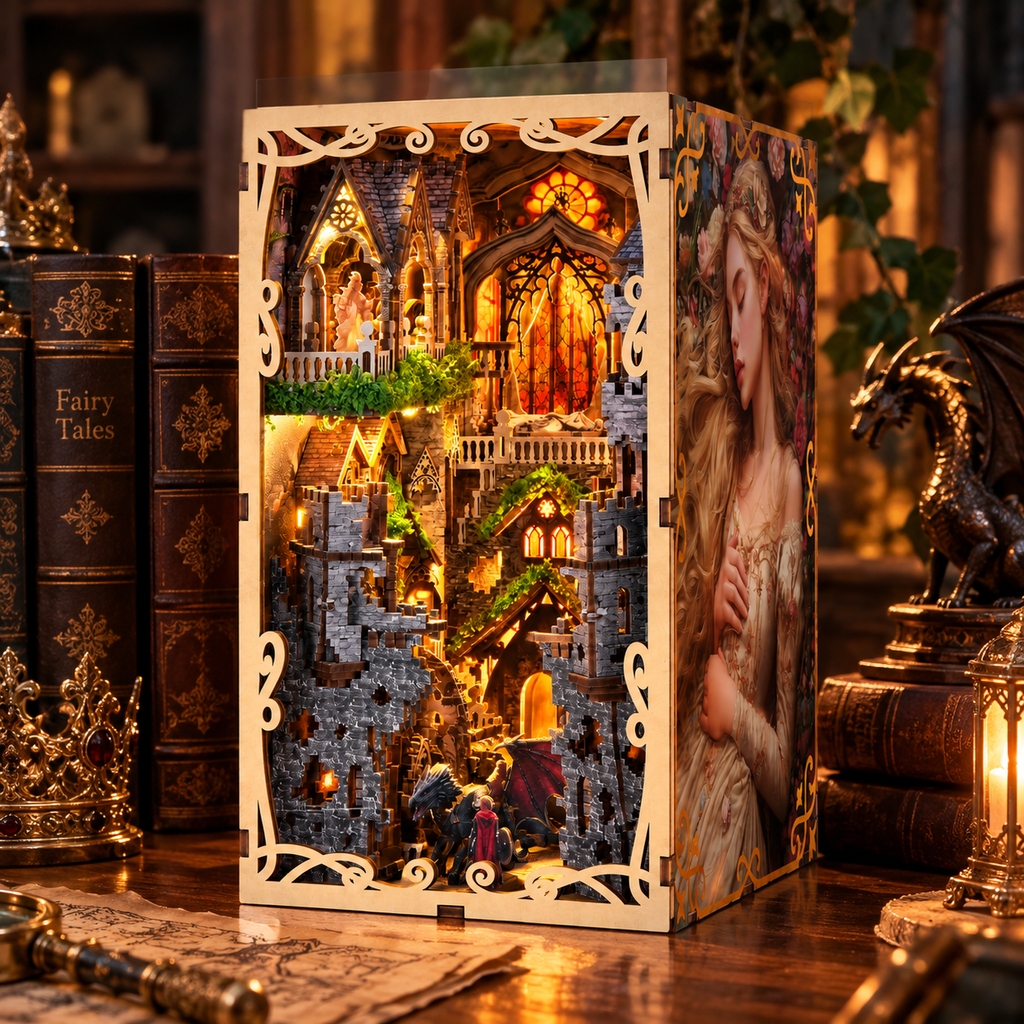 Minicity Sleeping Beauty DIY book nook displayed between fairytale books with illuminated castle, dragon and Gothic miniature details