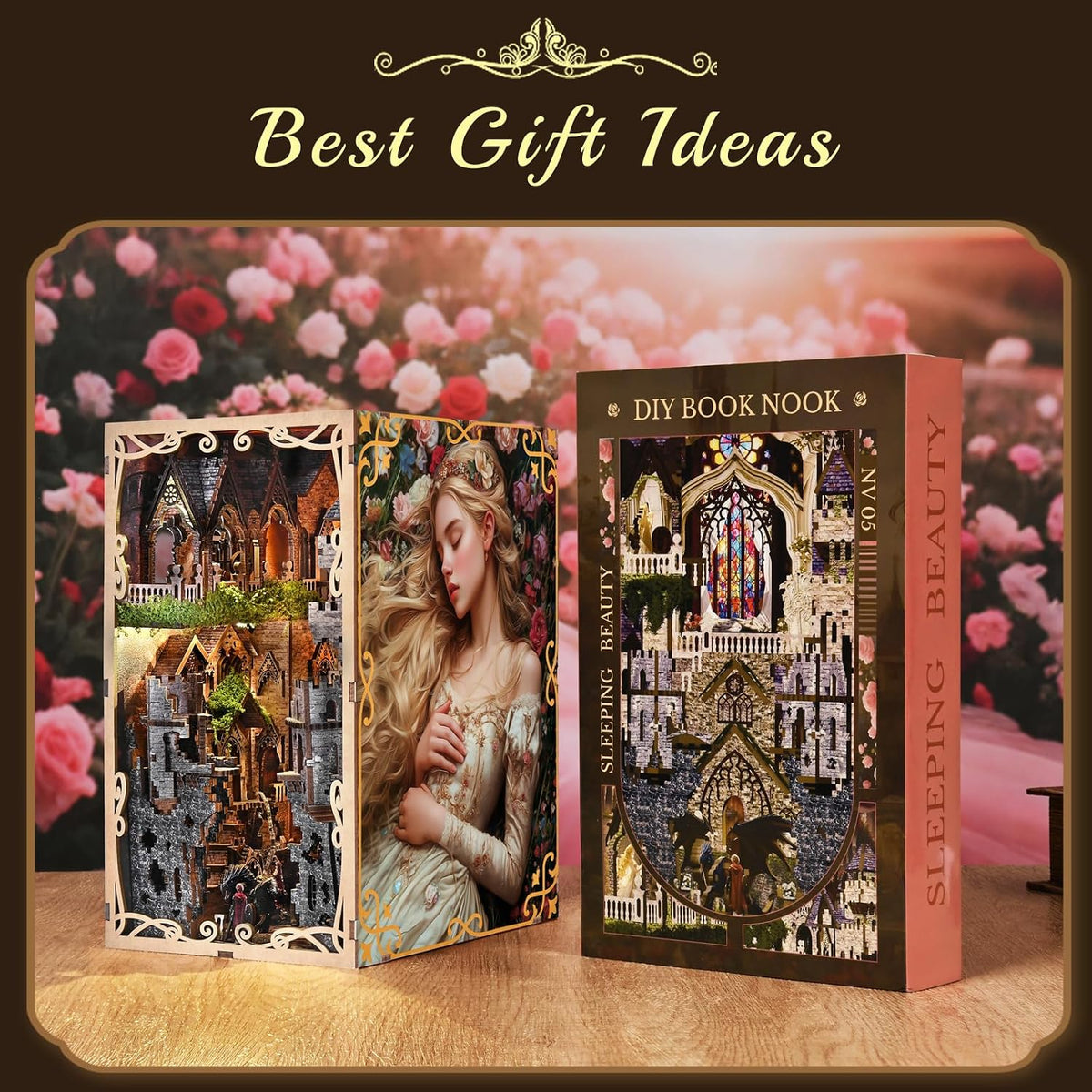 Minicity Sleeping Beauty DIY book nook presented as a fairytale gift for book lovers, fantasy fans and miniature collectors