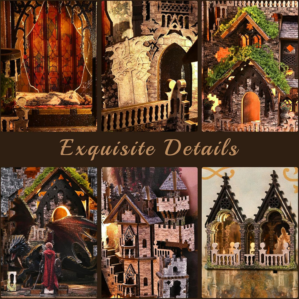 Minicity Sleeping Beauty book nook close-up showing stained glass, Gothic arches, castle doors, stone walls and detailed balconies