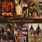 Minicity Sleeping Beauty book nook close-up showing stained glass, Gothic arches, castle doors, stone walls and detailed balconies