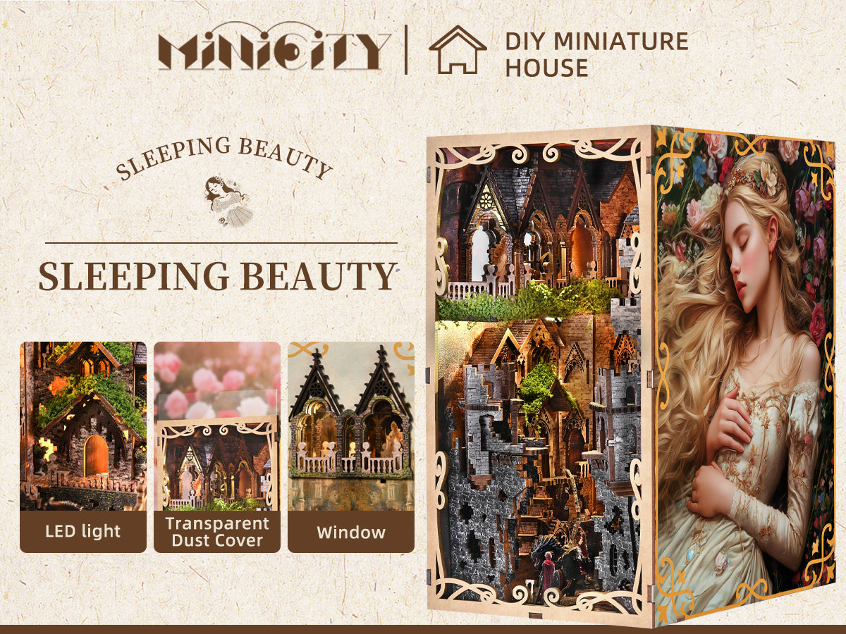Minicity Sleeping Beauty DIY book nook featuring LED lighting, transparent dust cover and detailed Gothic castle windows