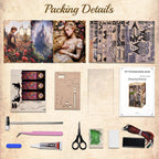 Minicity Sleeping Beauty NV05 DIY book nook kit contents with MDF pieces, stained glass panels, miniature accessories, LED parts, glue and assembly manual