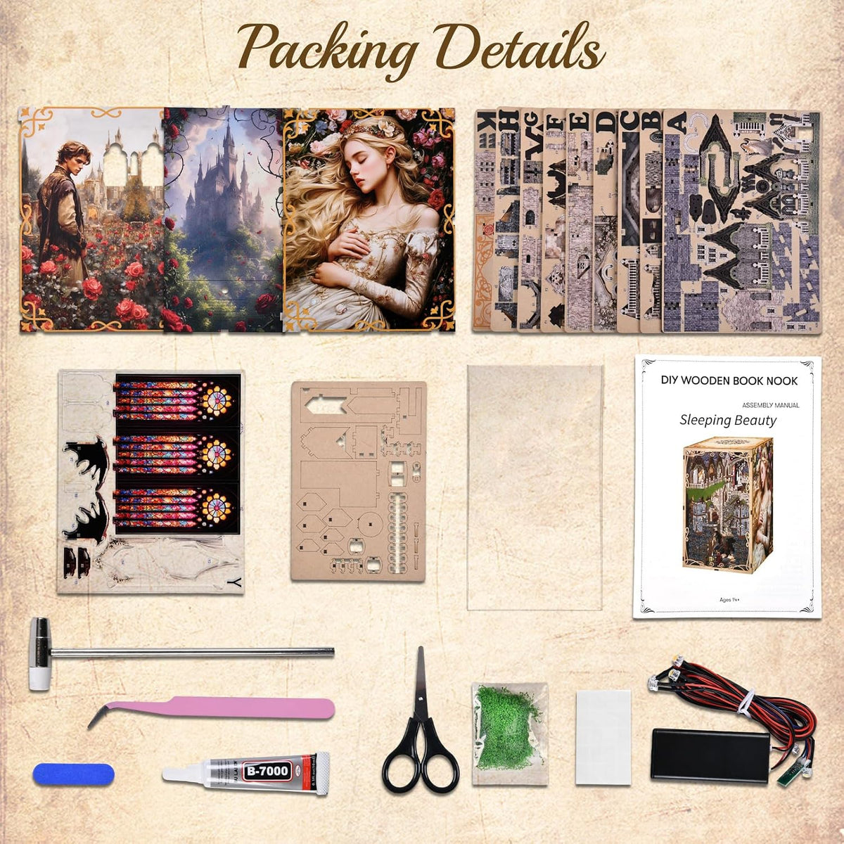 Minicity Sleeping Beauty NV05 DIY book nook kit contents with MDF pieces, stained glass panels, miniature accessories, LED parts, glue and assembly manual