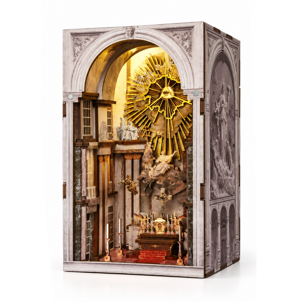 Minicity St. Charles Church DIY Book Nook Kit featuring an illuminated miniature church interior with a golden sunburst, classical sculptures and ornate architecture