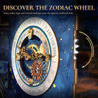 Close-up of the Minicity Stellar Castle astronomical clock featuring Roman numerals, golden gears, a zodiac-inspired wheel and celestial artwork