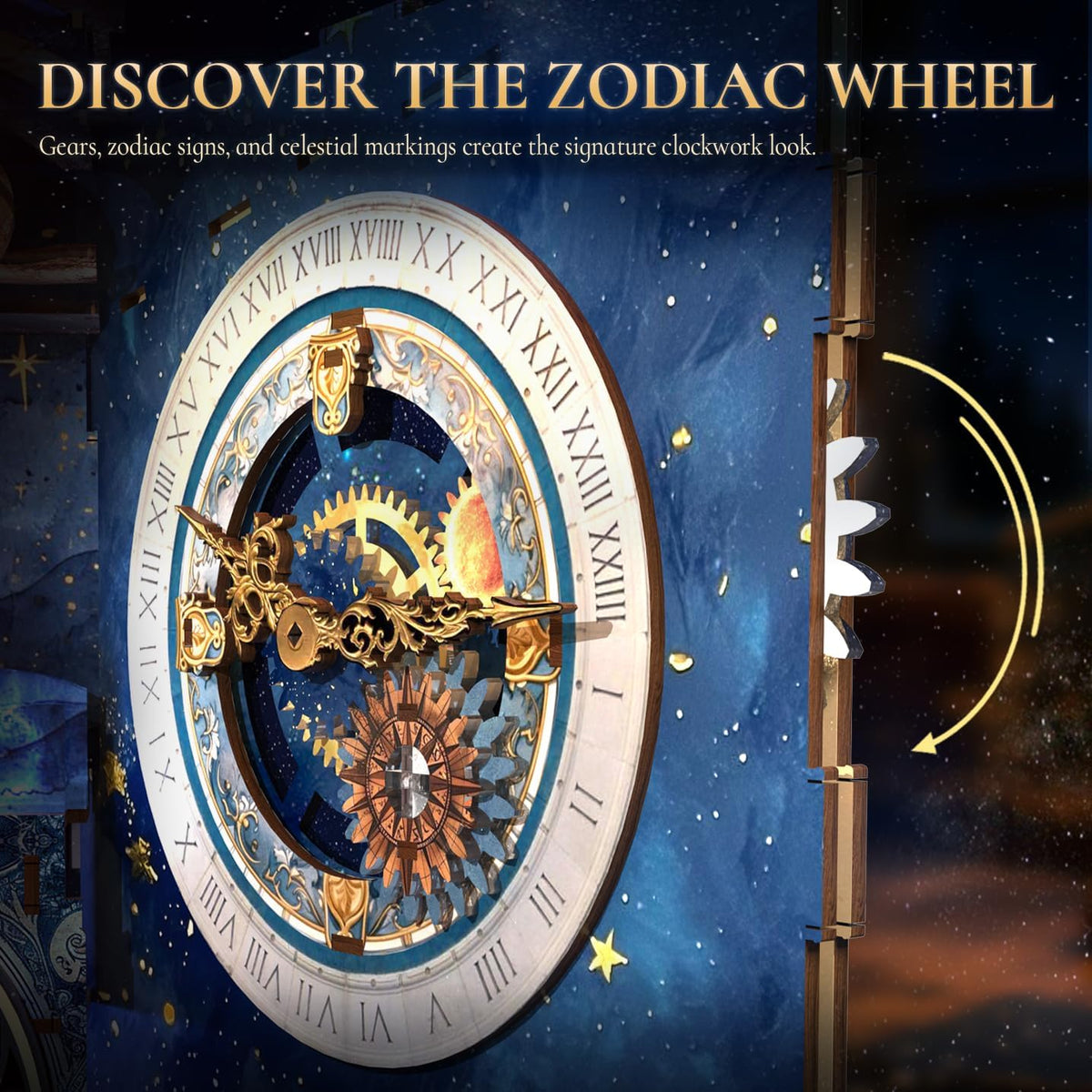 Close-up of the Minicity Stellar Castle astronomical clock featuring Roman numerals, golden gears, a zodiac-inspired wheel and celestial artwork