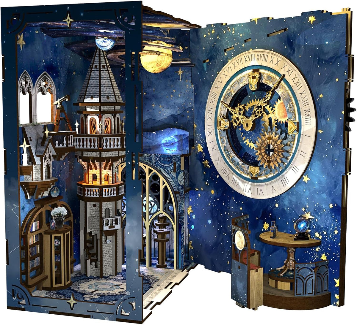 Exploded view of the Minicity Stellar Castle DIY Book Nook Kit showing its layered castle structure, astronomical clock panel, miniature furniture, tower and celestial interior components