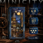 Minicity Stellar Castle DIY Book Nook Kit showing its 23 cm height, 11 cm width, 18 cm depth, 377 wooden pieces, 6–8 hour assembly time and recommended age of 14+