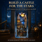 Minicity Stellar Castle illuminated DIY book nook displayed against a deep blue starry background with a miniature observatory and celestial decorations