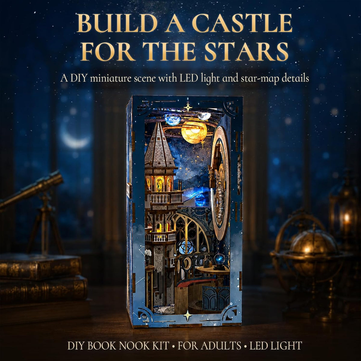 Minicity Stellar Castle illuminated DIY book nook displayed against a deep blue starry background with a miniature observatory and celestial decorations