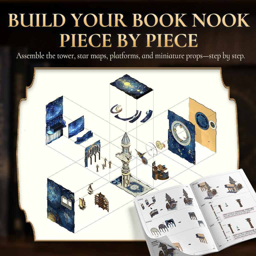 Minicity Stellar Castle DIY Book Nook Kit assembly guide illustrating the separate wooden panels, observatory tower, clock components and miniature structural parts
