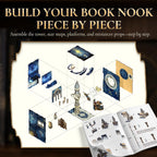 Minicity Stellar Castle DIY Book Nook Kit assembly guide illustrating the separate wooden panels, observatory tower, clock components and miniature structural parts