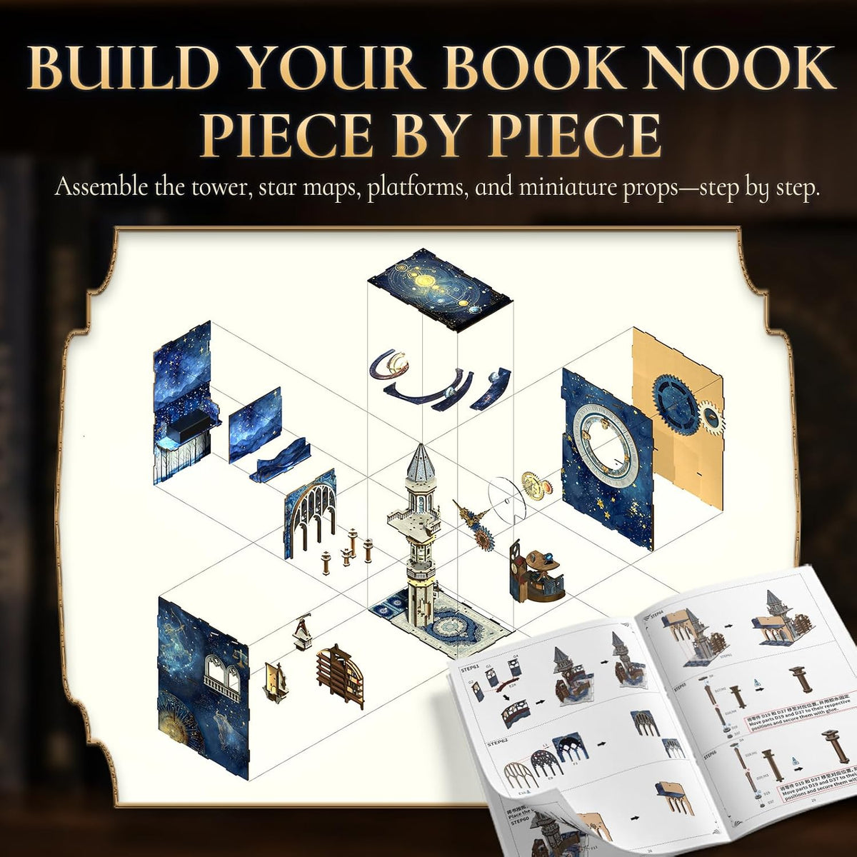 Minicity Stellar Castle DIY Book Nook Kit assembly guide illustrating the separate wooden panels, observatory tower, clock components and miniature structural parts