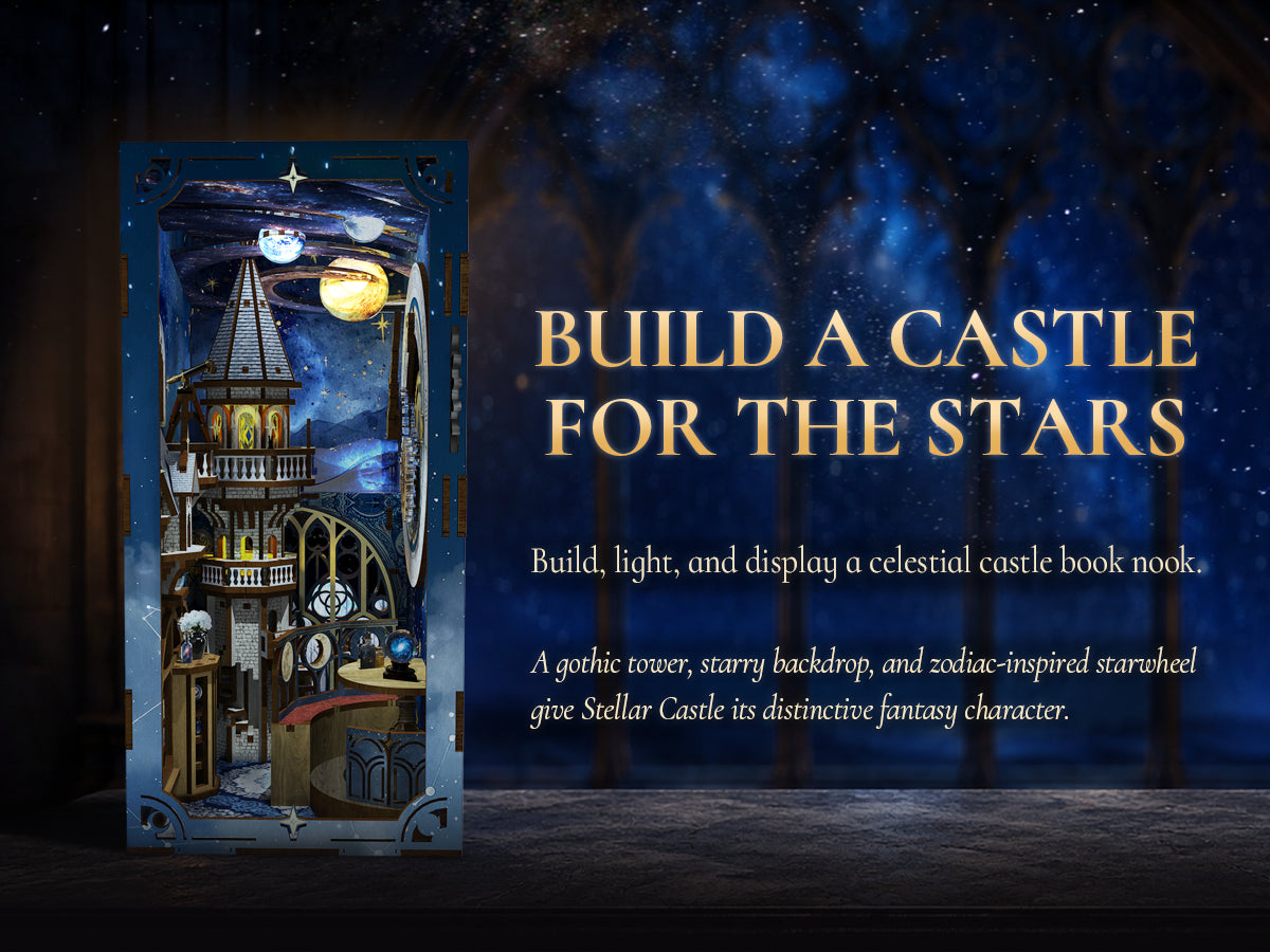Minicity Stellar Castle DIY Book Nook Kit with a miniature gothic tower, star map backdrop and zodiac-inspired details presented as a fantasy bookshelf display