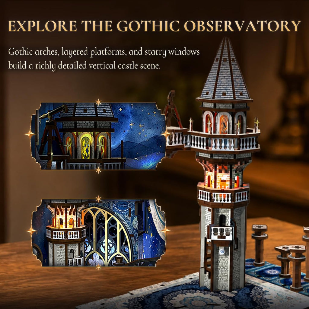 Minicity Stellar Castle miniature observatory tower with gothic arched windows, layered balconies, illuminated windows and detailed architectural elements