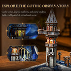 Minicity Stellar Castle miniature observatory tower with gothic arched windows, layered balconies, illuminated windows and detailed architectural elements