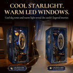 Minicity Stellar Castle DIY Book Nook Kit shown with warm LED lighting switched on and decorative celestial details visible with the lights off