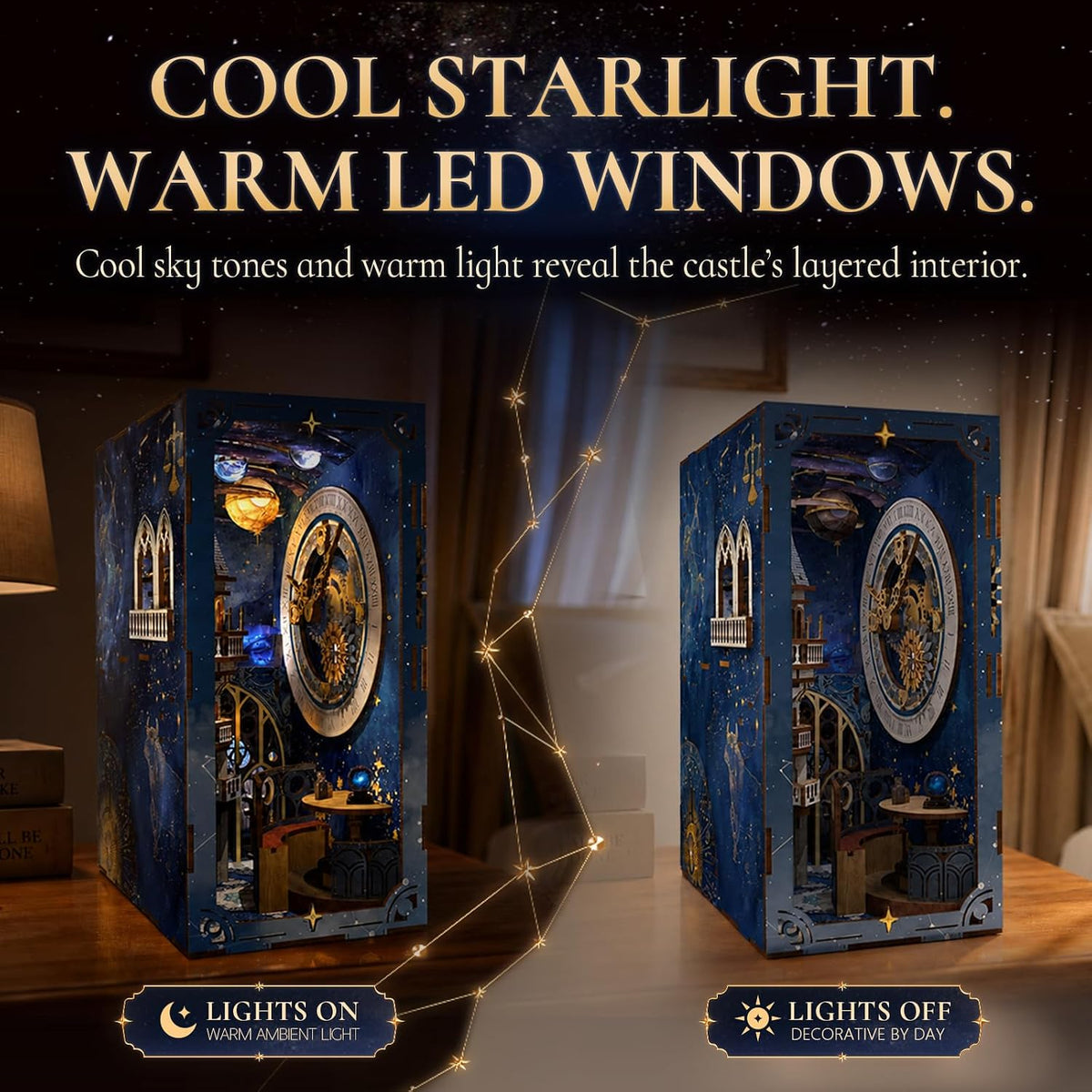Minicity Stellar Castle DIY Book Nook Kit shown with warm LED lighting switched on and decorative celestial details visible with the lights off
