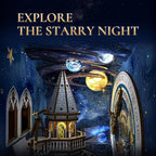 Close-up of the Minicity Stellar Castle book nook interior featuring suspended planets, a starry ceiling, a miniature observatory tower and a large astronomical clock