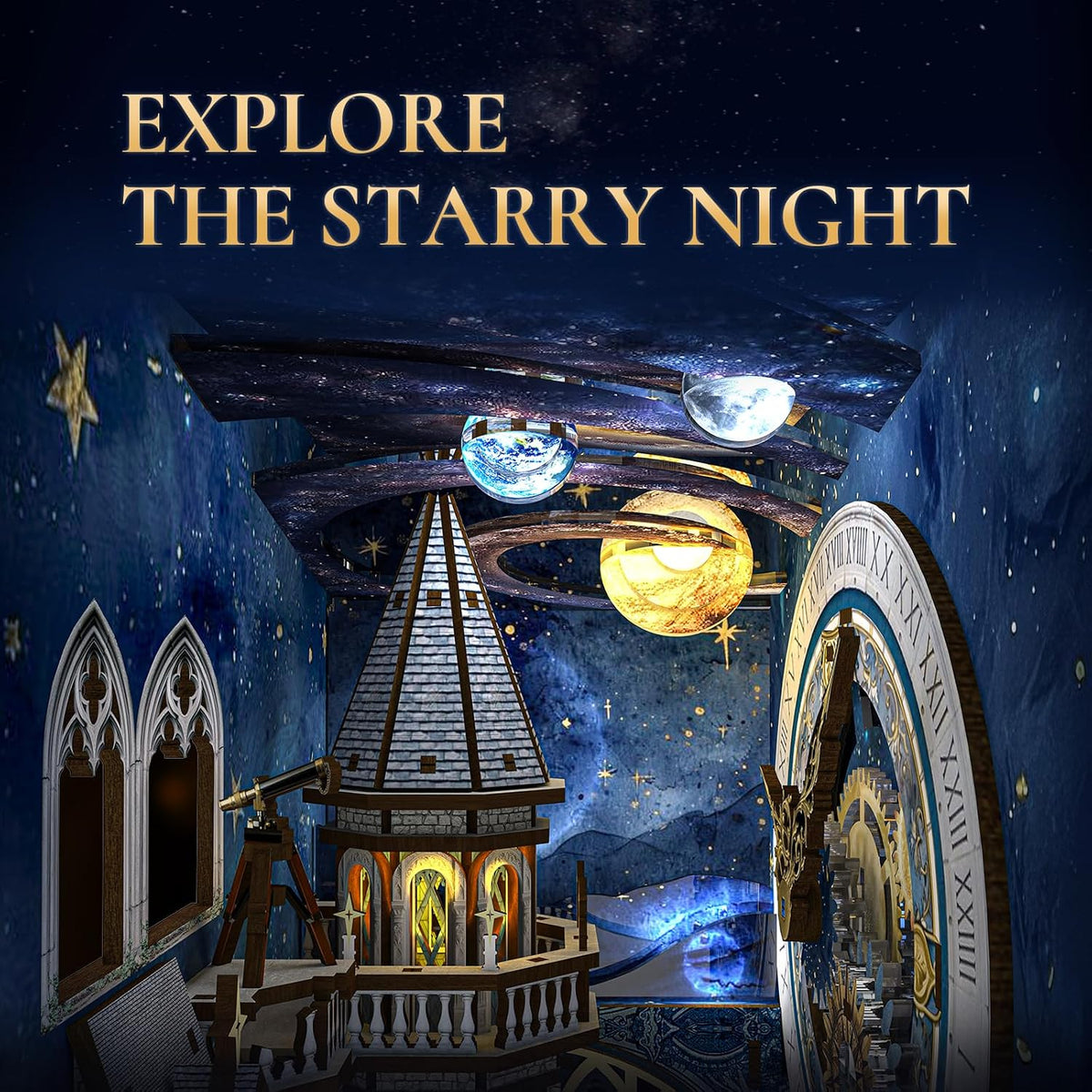 Close-up of the Minicity Stellar Castle book nook interior featuring suspended planets, a starry ceiling, a miniature observatory tower and a large astronomical clock