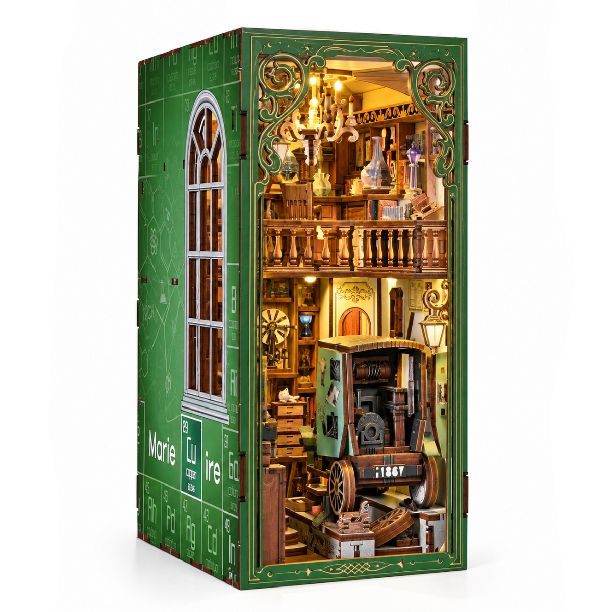 Minicity The Radium Lady DIY book nook kit featuring a vintage scientific laboratory with ornate green framing, wooden bookshelves, glass flasks and a miniature radium-era ambulance
