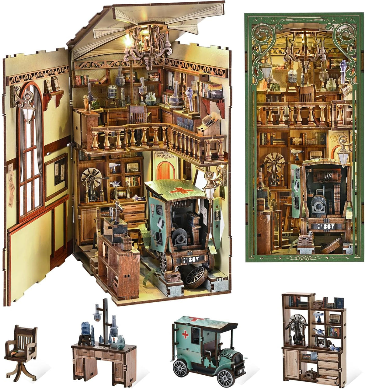 Minicity The Radium Lady open book nook revealing a detailed vintage laboratory with wooden shelves, scientific equipment, a miniature bicycle, an ambulance and movable furniture