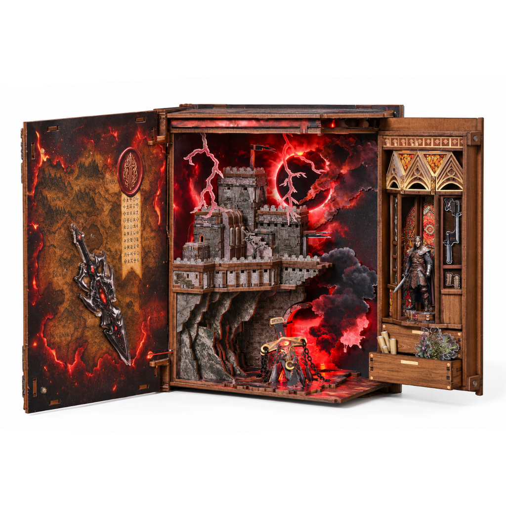 Minicity The Sword of Fire DIY book nook kit with fallen fire sword, ruined castle, red lightning, dark fantasy landscape and medieval warrior