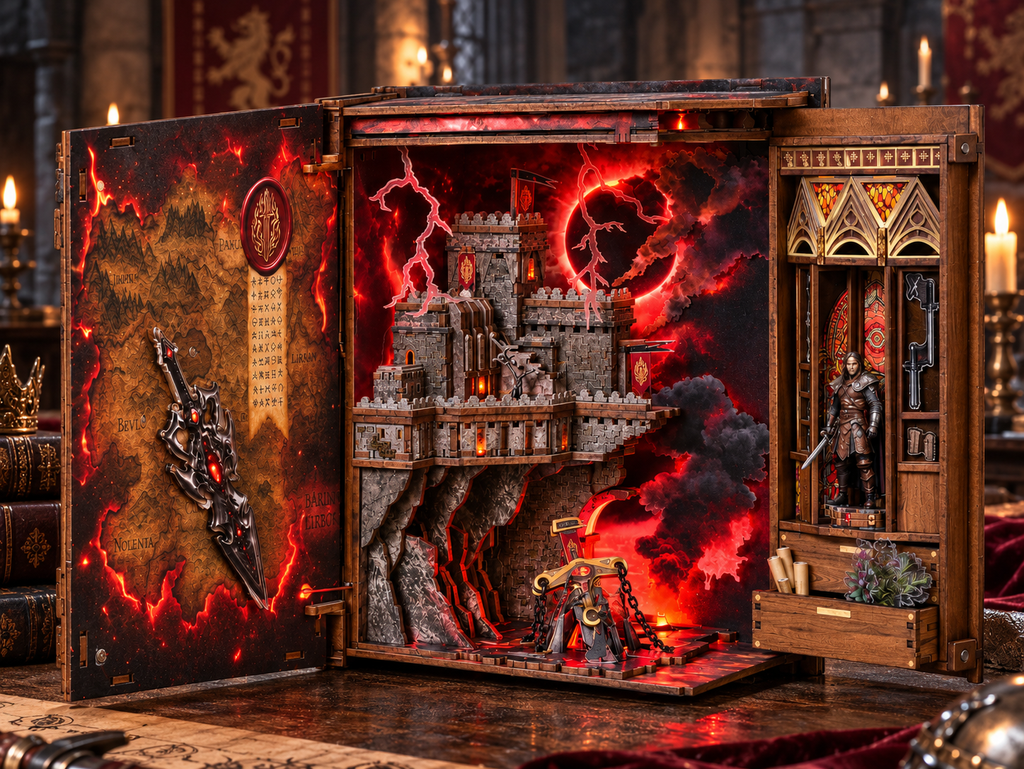 Minicity The Sword of Fire fantasy book nook with ruined stone castle, fallen sword, red lightning and fiery landscape
