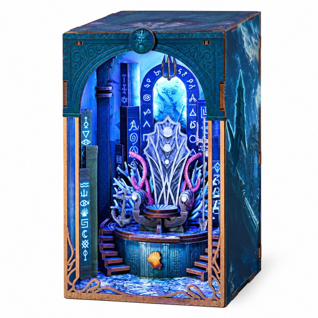 Minicity Throne of Aqua DIY book nook kit with underwater fantasy throne, coral details, glowing blue LED lighting and wooden architecture