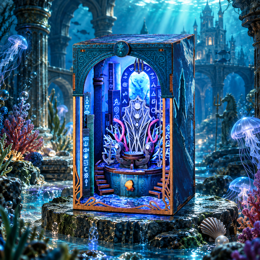 Minicity Throne of Aqua DIY book nook displayed in an underwater fantasy scene with glowing blue throne room, coral and sea creatures