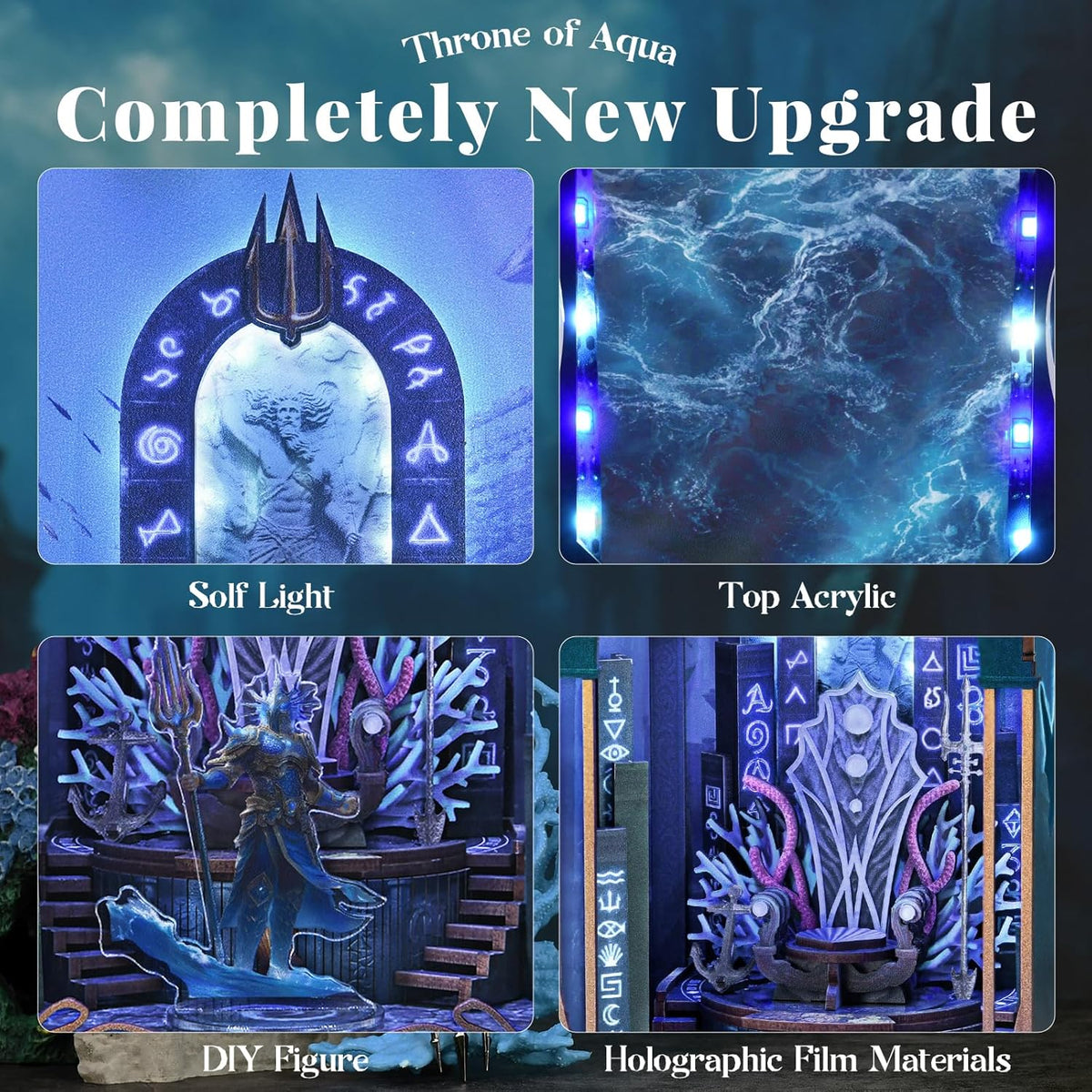 Minicity Throne of Aqua upgraded DIY book nook with illuminated throne, top acrylic panel, themed display figure and holographic film details