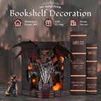Minicity Throne of Blades dark fantasy book nook displayed on a bookshelf with dragon, sword throne and illuminated castle interior